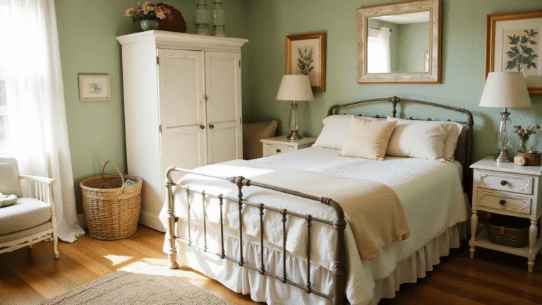 Cinematic photograph of a sunlit vintage cottage bedroom featuring a weathered iron bed, layered pastel quilts, and a distressed armoire, with natural light filtering through gauzy curtains and soft shadows on the floor.