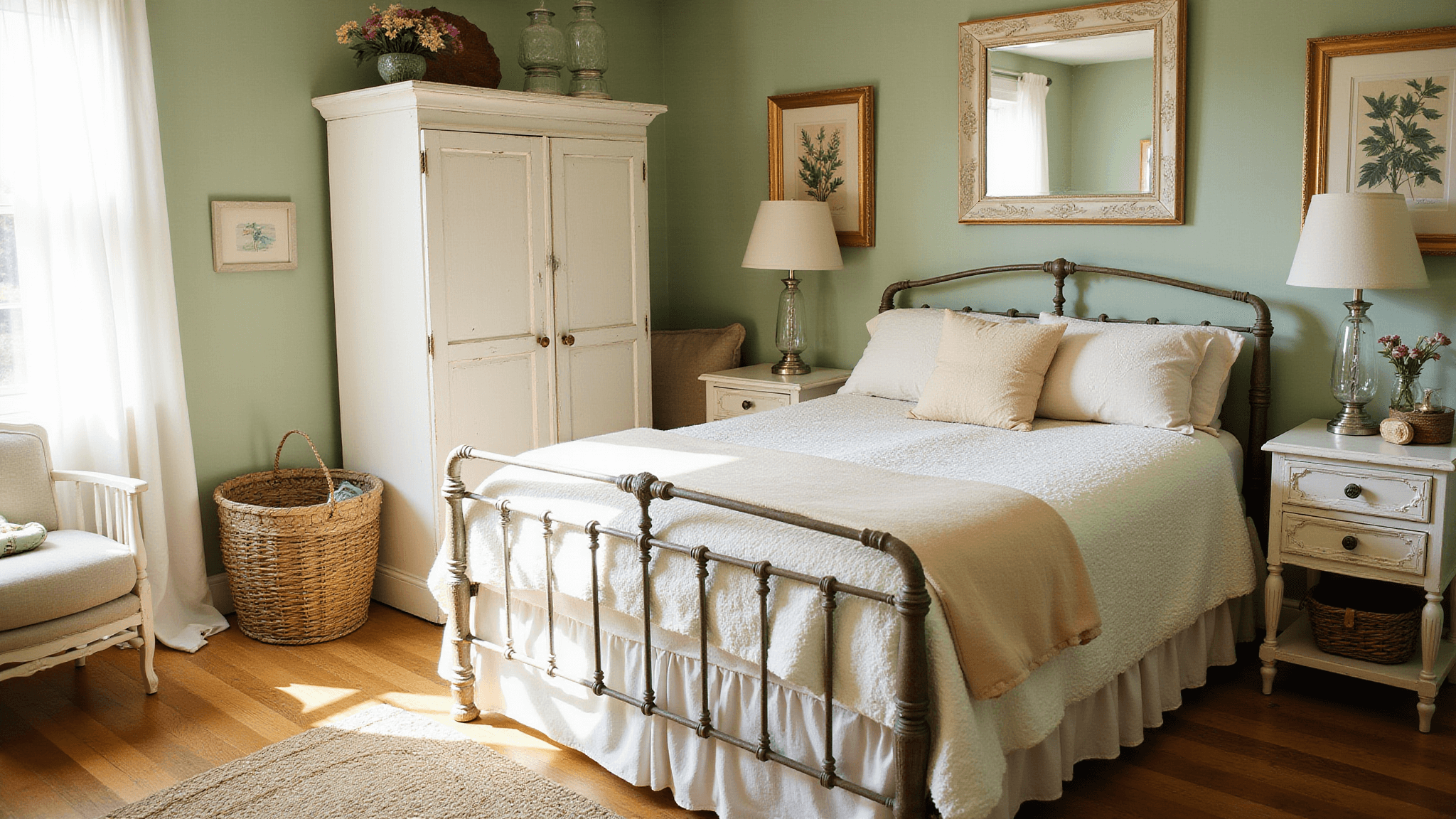 Cinematic photograph of a sunlit vintage cottage bedroom featuring a weathered iron bed, layered pastel quilts, and a distressed armoire, with natural light filtering through gauzy curtains and soft shadows on the floor.