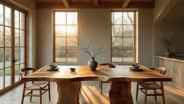 A spacious dining room featuring a live-edge walnut table bathed in golden hour light, with a minimal table setting and mismatched wooden chairs, emphasizing warm wood tones and natural textures.