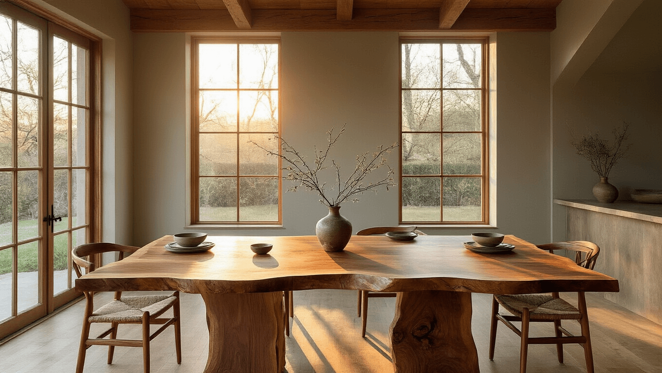 A spacious dining room featuring a live-edge walnut table bathed in golden hour light, with a minimal table setting and mismatched wooden chairs, emphasizing warm wood tones and natural textures.