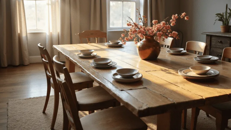 A serene Wabi Sabi dining room featuring an 8-seat reclaimed oak table with natural wood grain, surrounded by mismatched vintage chairs, illuminated by soft afternoon sunlight streaming through sheer linen curtains, with hand-thrown ceramic plates and a centerpiece of cherry blossoms in a copper vase, all on a handwoven jute rug.