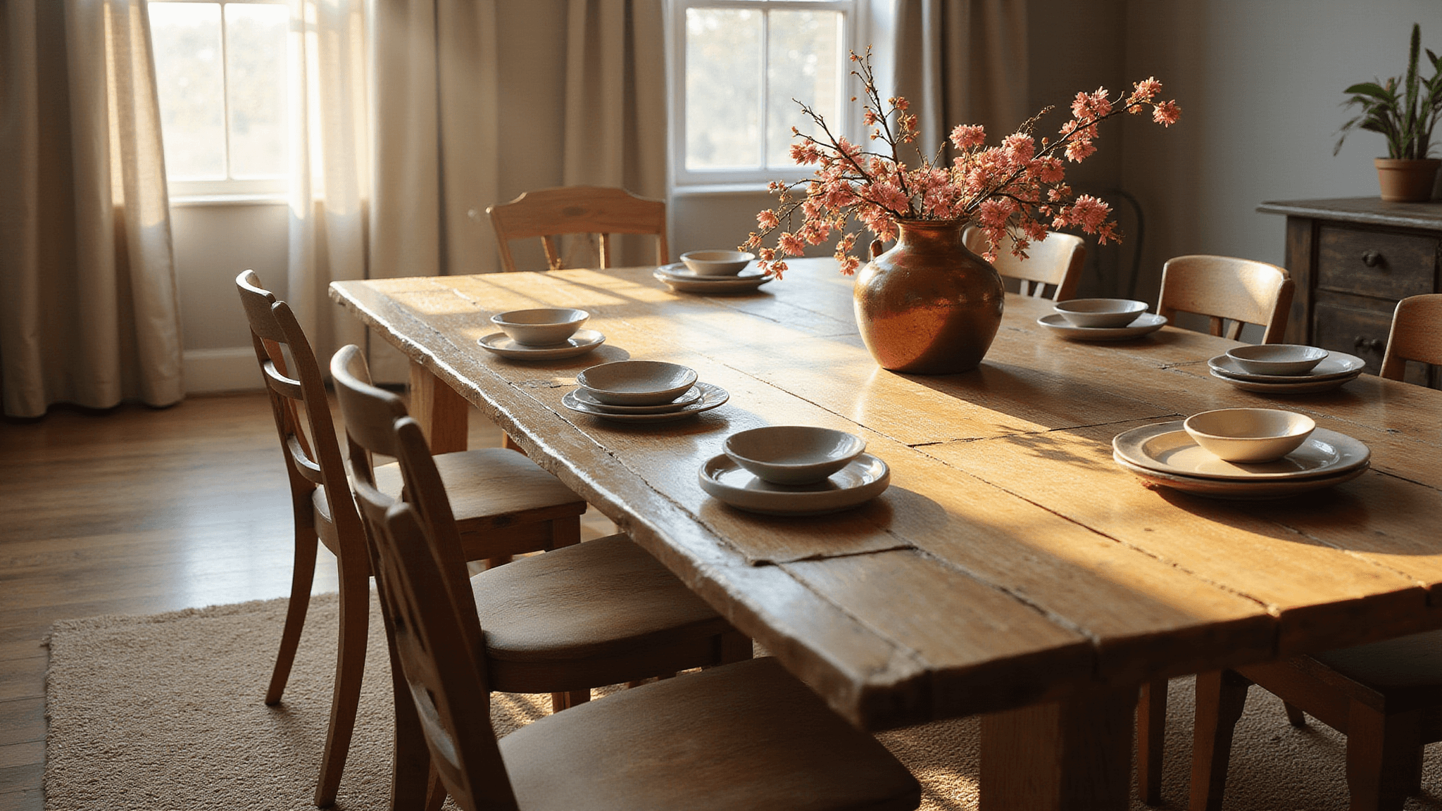A serene Wabi Sabi dining room featuring an 8-seat reclaimed oak table with natural wood grain, surrounded by mismatched vintage chairs, illuminated by soft afternoon sunlight streaming through sheer linen curtains, with hand-thrown ceramic plates and a centerpiece of cherry blossoms in a copper vase, all on a handwoven jute rug.