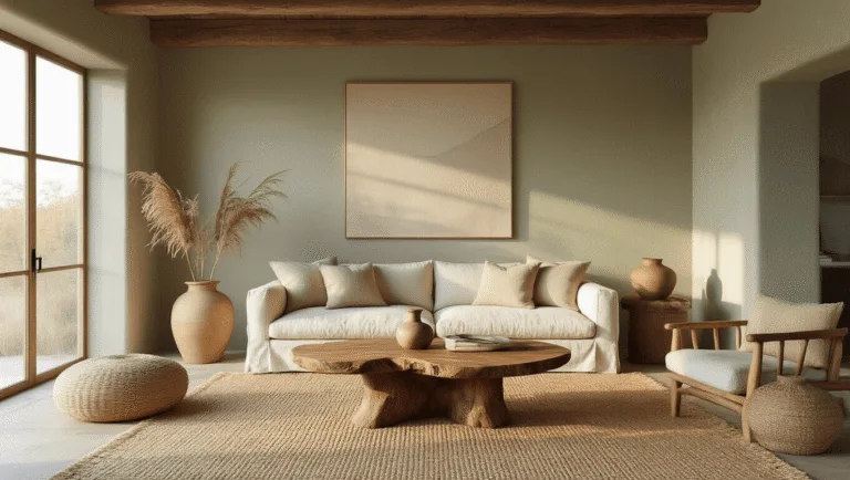 A sunlit living room highlighting natural materials, featuring a live-edge walnut coffee table, oatmeal linen sofa, and handcrafted ceramic vessels, all illuminated by warm golden hour light.