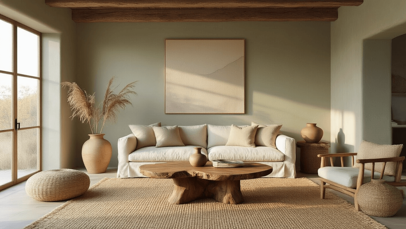A sunlit living room highlighting natural materials, featuring a live-edge walnut coffee table, oatmeal linen sofa, and handcrafted ceramic vessels, all illuminated by warm golden hour light.