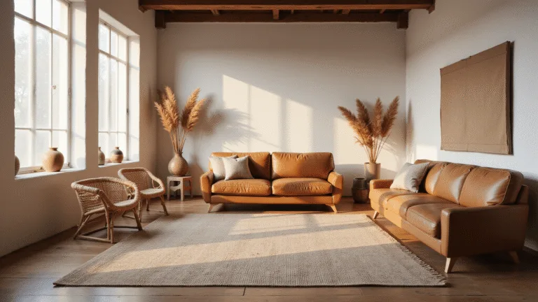 A sun-drenched living room featuring a large handwoven Wabi Sabi rug in muted earth tones, surrounded by low-slung leather furniture and organic decorative elements, captured in warm, golden hour light.