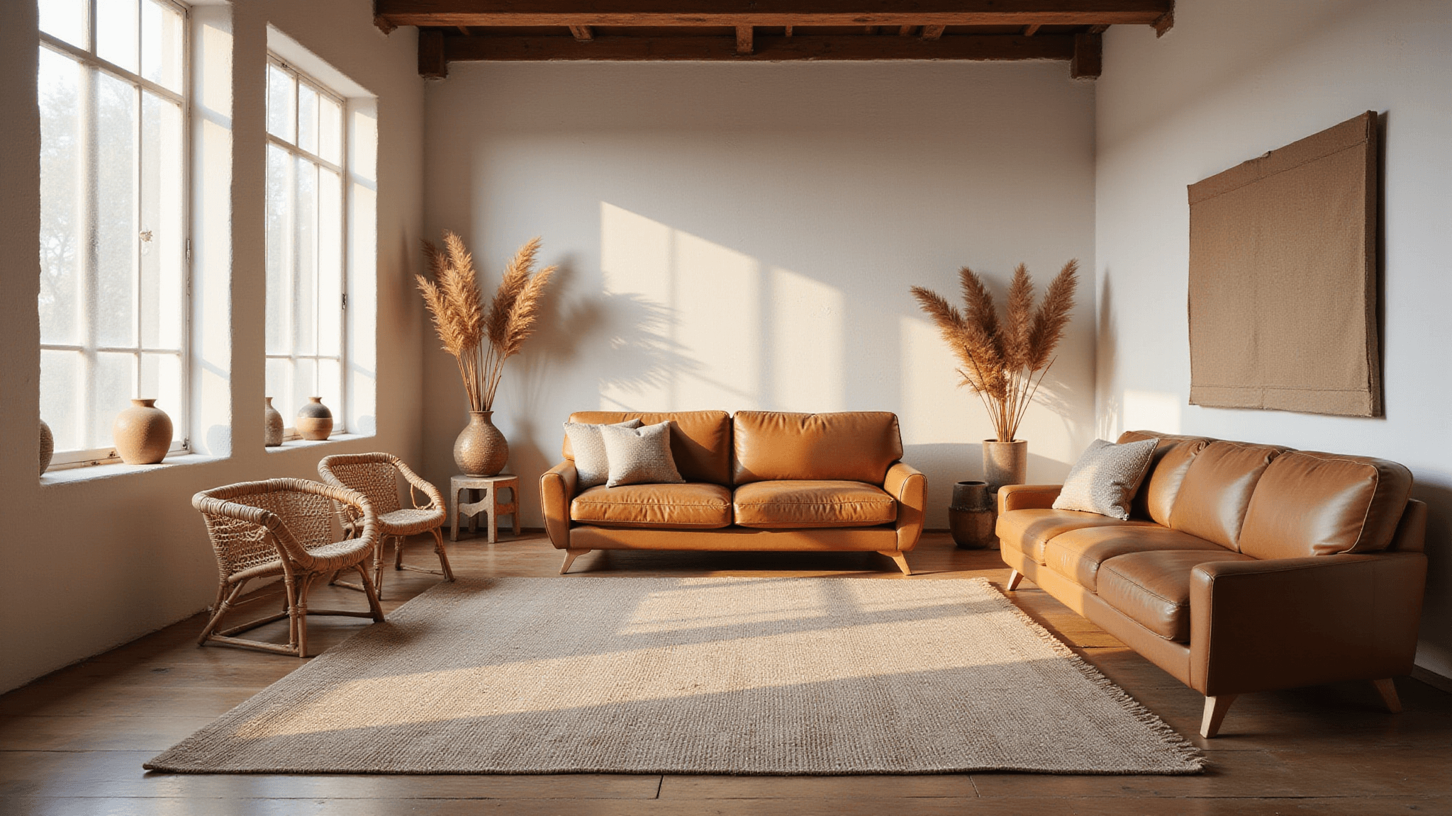 A sun-drenched living room featuring a large handwoven Wabi Sabi rug in muted earth tones, surrounded by low-slung leather furniture and organic decorative elements, captured in warm, golden hour light.