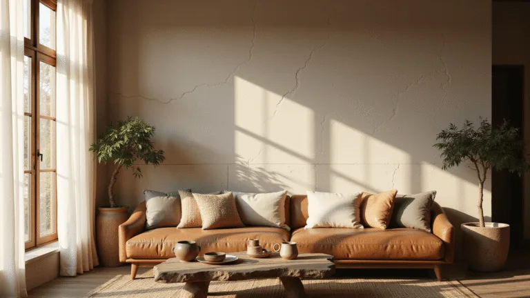 A serene living room bathed in golden hour sunlight, featuring a hand-plastered accent wall with organic textures, a low-slung leather sofa, handwoven cushions, vintage ceramics, and a wabi sabi bonsai, all captured in soft, diffused lighting with an emphasis on wall details.