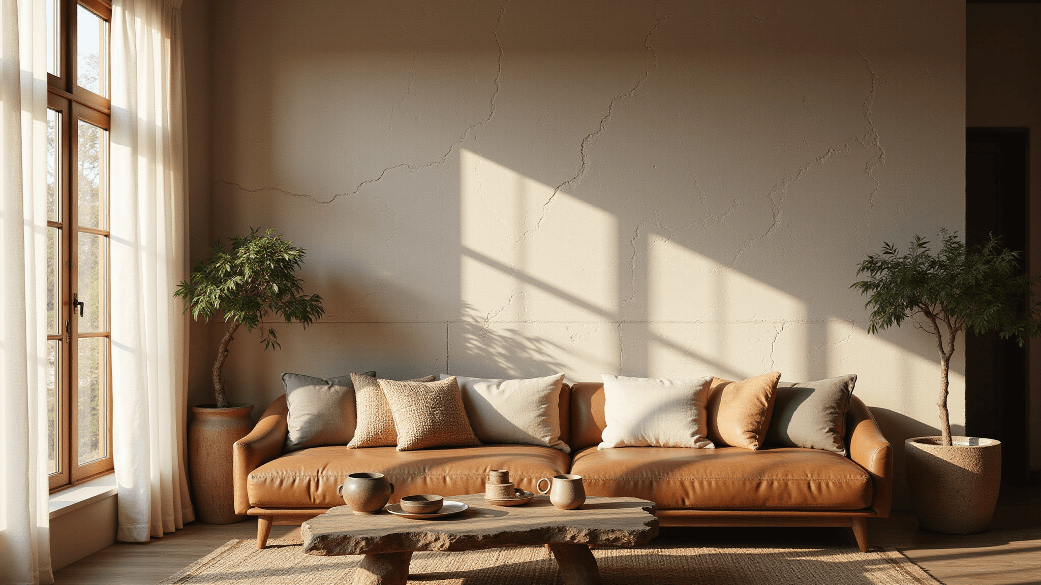 A serene living room bathed in golden hour sunlight, featuring a hand-plastered accent wall with organic textures, a low-slung leather sofa, handwoven cushions, vintage ceramics, and a wabi sabi bonsai, all captured in soft, diffused lighting with an emphasis on wall details.