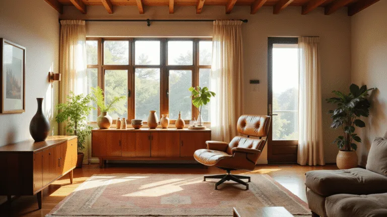 Photorealistic interior of a sun-drenched mid-century modern living room featuring a vintage Eames lounge chair in worn cognac leather, a patinated walnut credenza, and handmade ceramic vessels, accented by a fiddle leaf fig plant and brass floor lamp. Soft afternoon light filters through sheer linen curtains, illuminating the asymmetrical arrangement of layered vintage rugs and textured neutral walls adorned with Japanese-inspired artwork.