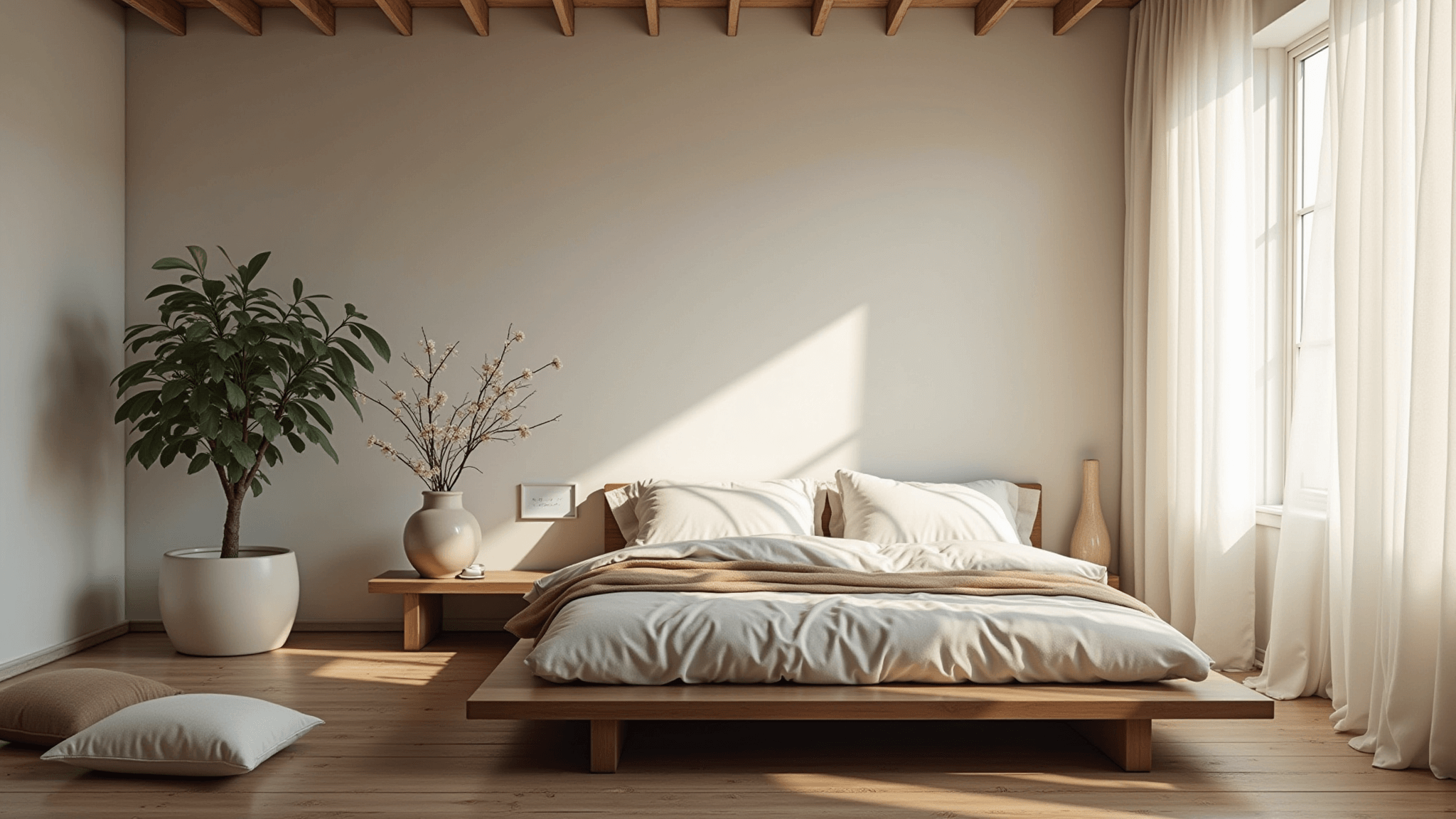 A serene minimalist bedroom bathed in soft morning light, featuring a low walnut platform bed with wrinkled white and oatmeal linen bedding, whitewashed textured walls, exposed wooden beams, and a potted fiddle leaf fig. Raw silk floor cushions in muted earth tones are on weathered bamboo flooring, while diffused sunlight filters through sheer linen curtains, casting gentle shadows. A handcrafted ceramic vase holds a cherry blossom branch, all captured in 8K ultra HD with a wide-angle perspective.