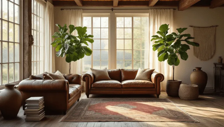 A photorealistic interior of a rustic living room bathed in morning sunlight, featuring worn leather furniture, vintage Persian rug, and natural elements celebrating wabi-sabi aesthetics.