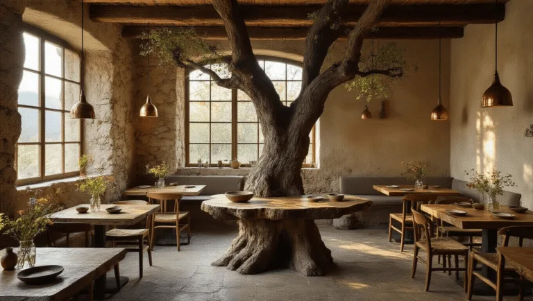 Cinematic interior of a wabi-sabi restaurant featuring rustic stone walls, exposed wooden beams, and a gnarled tree trunk table surrounded by handcrafted chairs, with warm golden hour lighting highlighting natural textures and imperfect beauty.