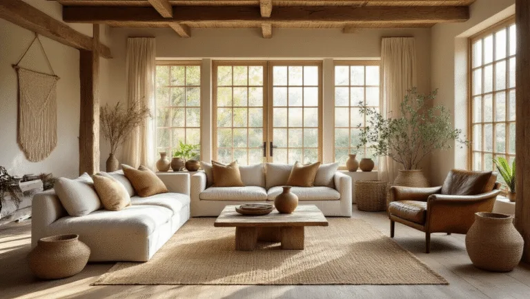 Photorealistic interior of a sunlit living room with natural textures, featuring a low-profile oatmeal linen sofa, vintage leather armchair, and driftwood coffee table, all accented by handmade ceramic vessels and trailing plants, under warm, golden hour lighting through large windows.