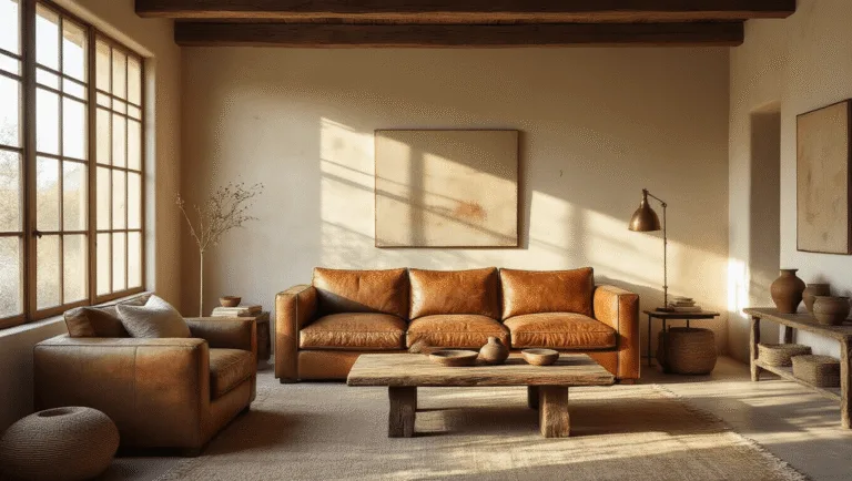 A sunlit living room showcasing imperfect beauty with weathered wooden beams, a worn leather sofa, reclaimed wood coffee table, and handmade ceramics, all illuminated by soft natural light casting dramatic shadows on textured ecru walls.