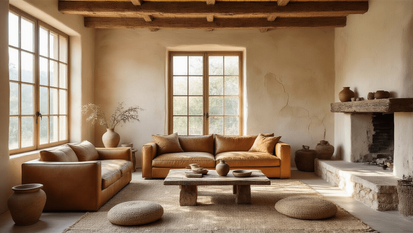 A warm, sunlit wabi-sabi living room with exposed wooden beams, uneven plaster walls, a vintage leather sofa, a rustic stone fireplace, and a weathered wood coffee table adorned with kintsugi ceramic vessels, surrounded by potted plants and textured flooring.