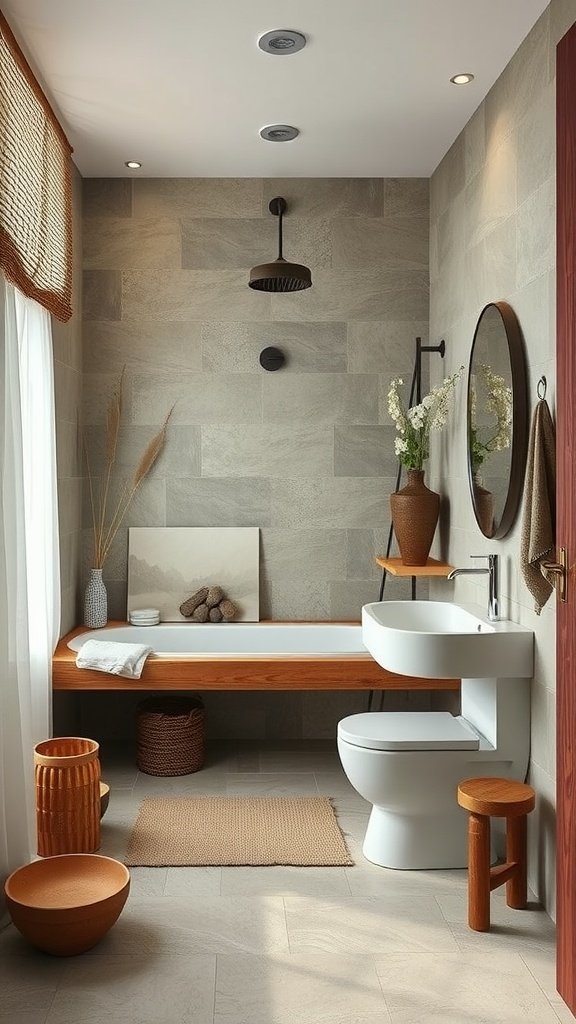 A serene Wabi Sabi bathroom featuring wooden accents, natural light, and earthy tones.