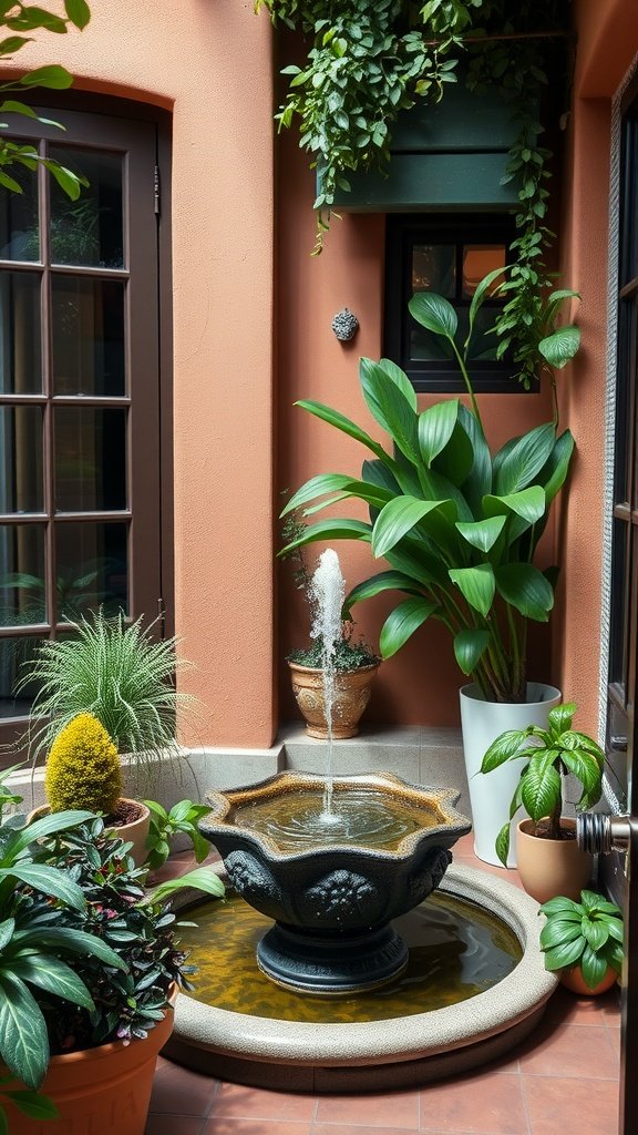 A small balcony featuring a decorative fountain surrounded by various plants.