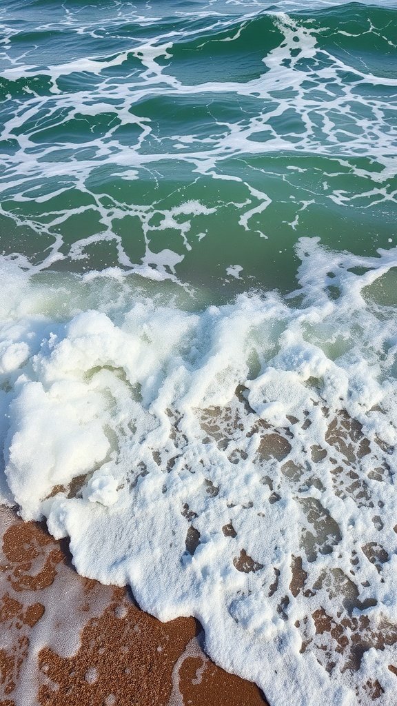 Waves crashing against the shore with foam on the sand