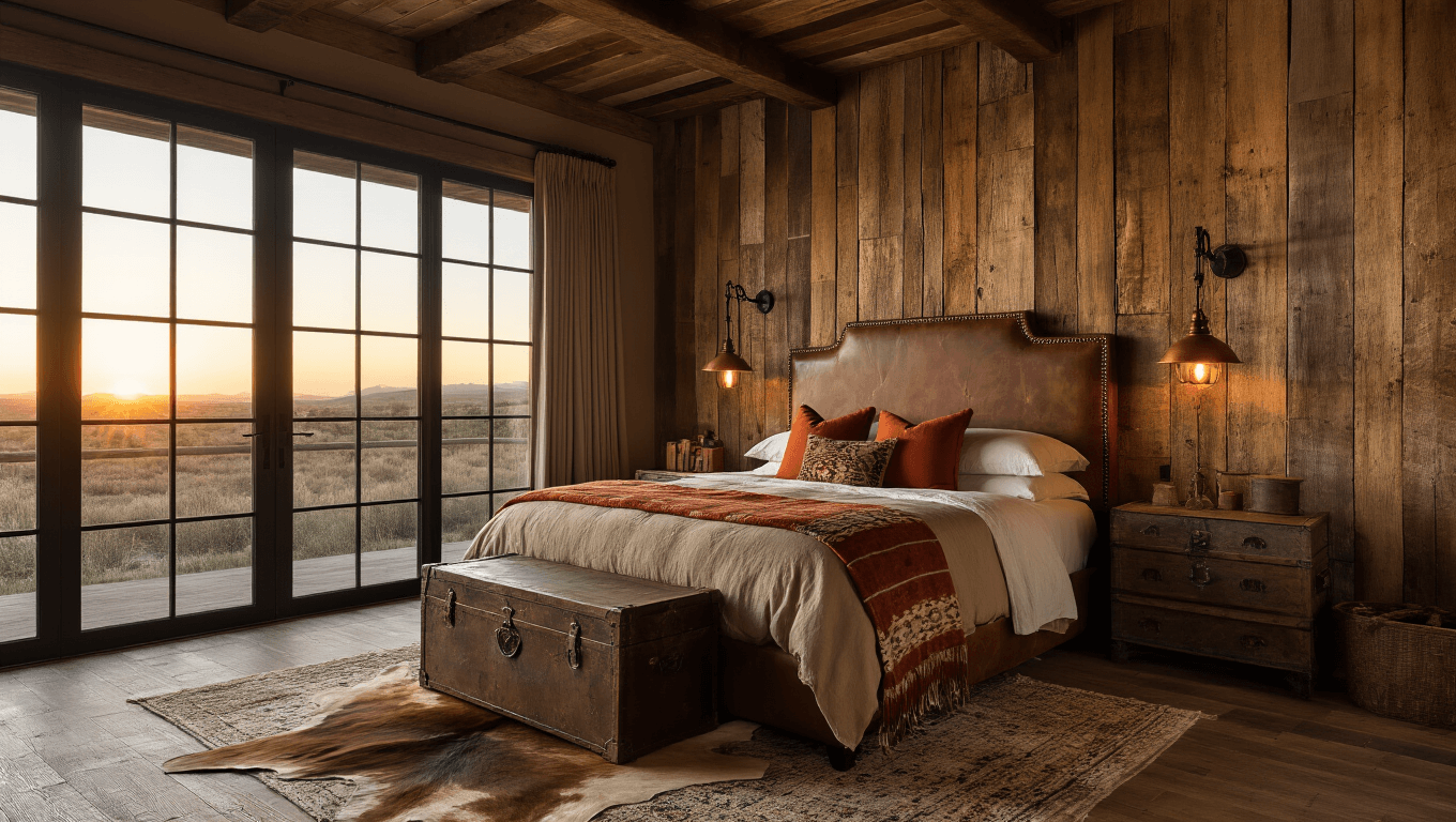 Cinematic wide shot of a luxurious Western rustic bedroom during golden hour, featuring a king-size leather bed, earth-toned linens, reclaimed barn wood walls, wrought-iron sconces, and warm ambient lighting, with a cowhide rug on hardwood floors and dramatic sunset rays filtering through floor-to-ceiling windows.