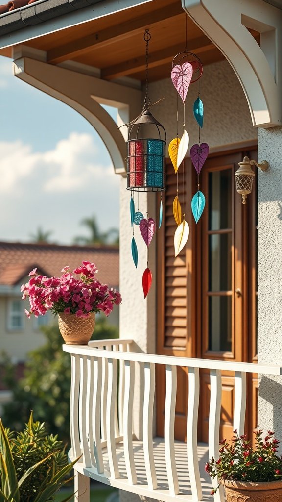 Colorful wind chimes hanging on a balcony with flowers in pots