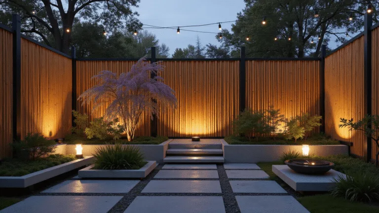 Photorealistic wide-angle view of a luxurious modern Japanese garden featuring an 8-foot bamboo privacy fence, illuminated by golden hour light, with geometric charcoal concrete pavers, integrated LED uplighting, and lush purple wisteria vines.