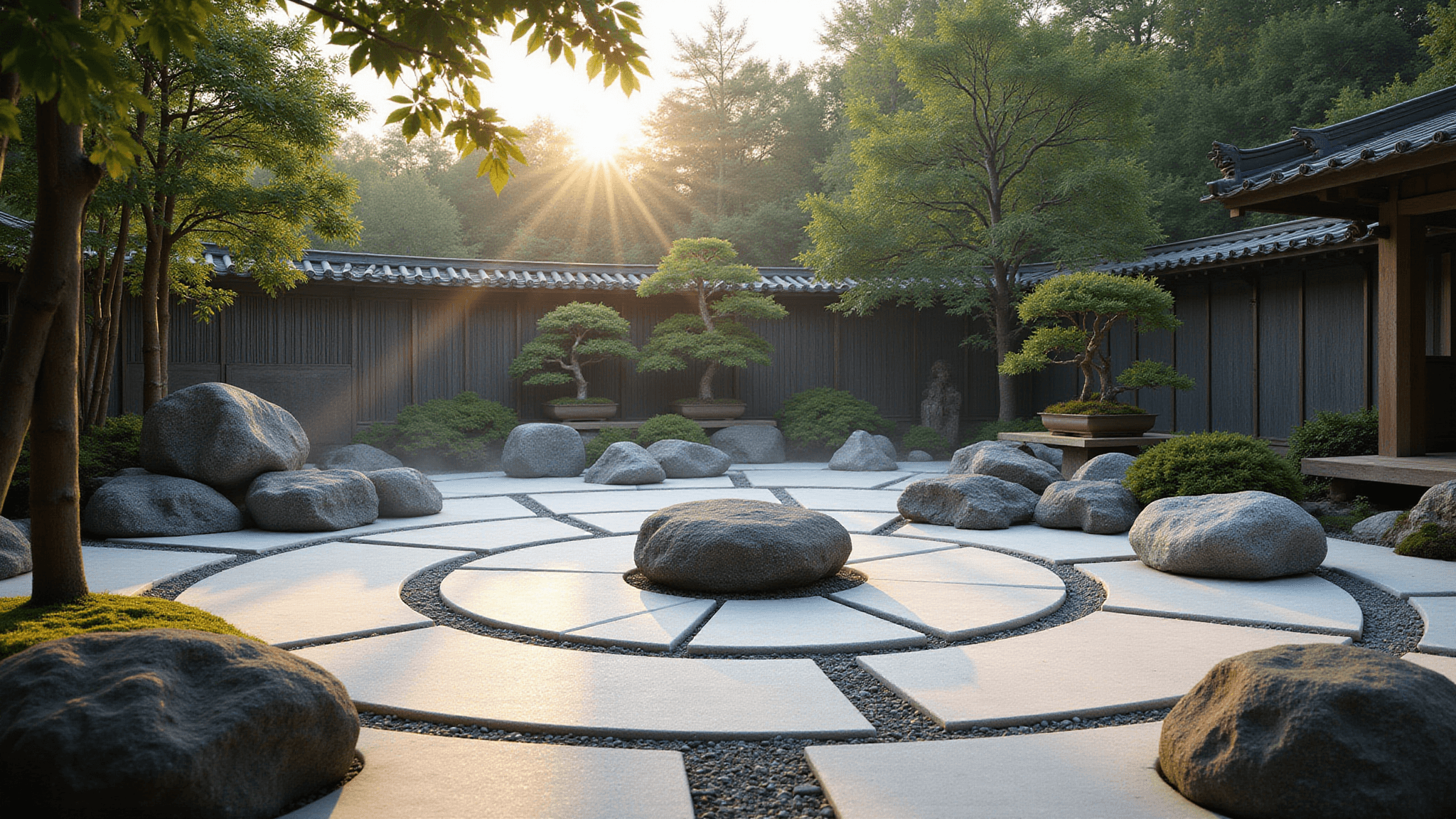 Photorealistic view of a serene Japanese Zen garden featuring white marble stones in circular patterns, granite boulders, bamboo fencing, and bonsai trees on wooden platforms, captured at golden hour with natural lighting and dramatic depth of field, showcasing intricate stone textures and emerald moss patches.