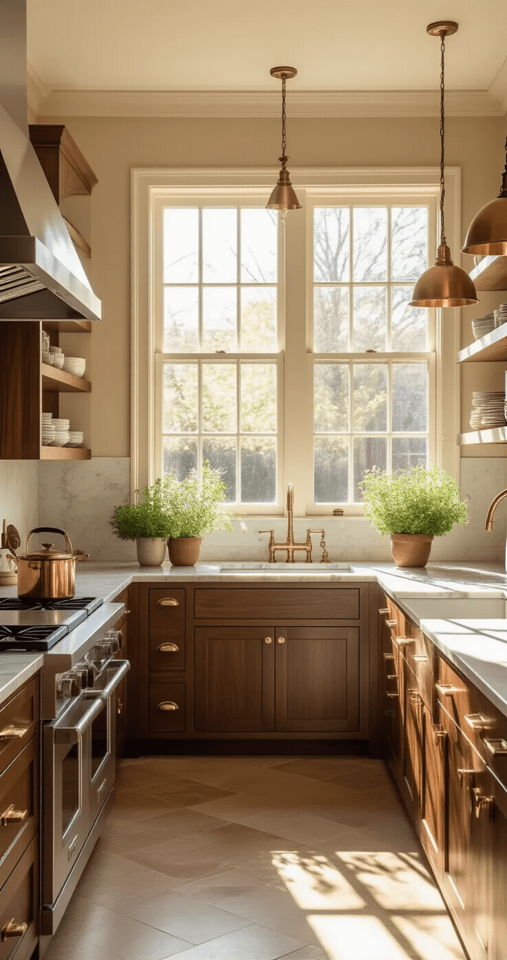 Transforming Your Kitchen: The Ultimate Wooden Cabinets Decor Guide A warm and inviting kitchen featuring walnut cabinets, a Carrara marble island, and stainless steel appliances, illuminated by golden hour sunlight, with copper cookware on open shelves and potted herbs by the window.