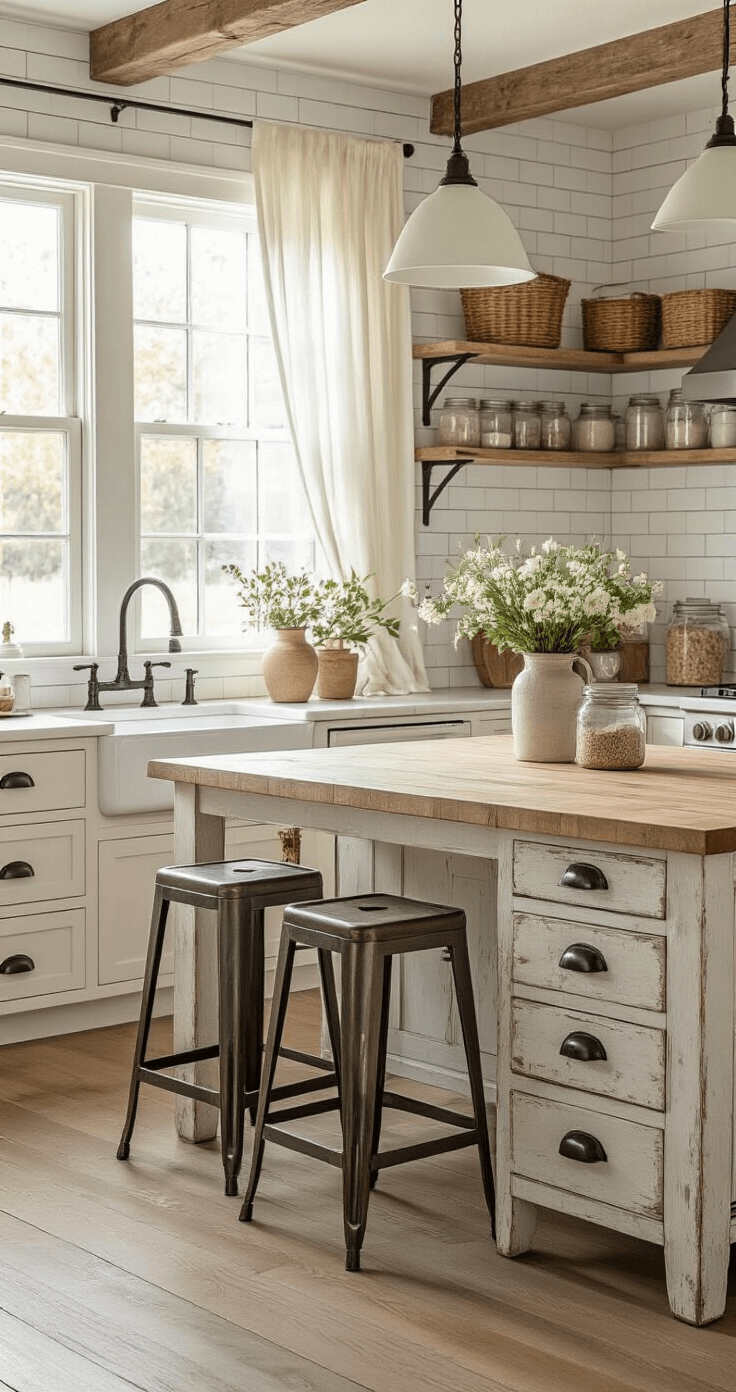 Transforming Your Kitchen: The Ultimate Wooden Cabinets Decor Guide Early morning light illuminates a cozy farmhouse kitchen featuring distressed oak cabinets, a butcher block island with industrial stools, and open shelving filled with mason jars and fresh flowers, creating a warm and inviting atmosphere.