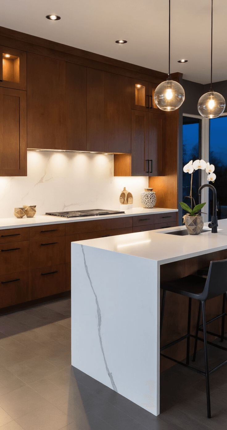 Transforming Your Kitchen: The Ultimate Wooden Cabinets Decor Guide Modern kitchen at dusk featuring cherry wood cabinets, sleek quartz waterfall island, integrated LED under-cabinet lighting, minimalist black hardware, and glass pendant cluster, styled with ceramics and an orchid, set against dark gray walls.