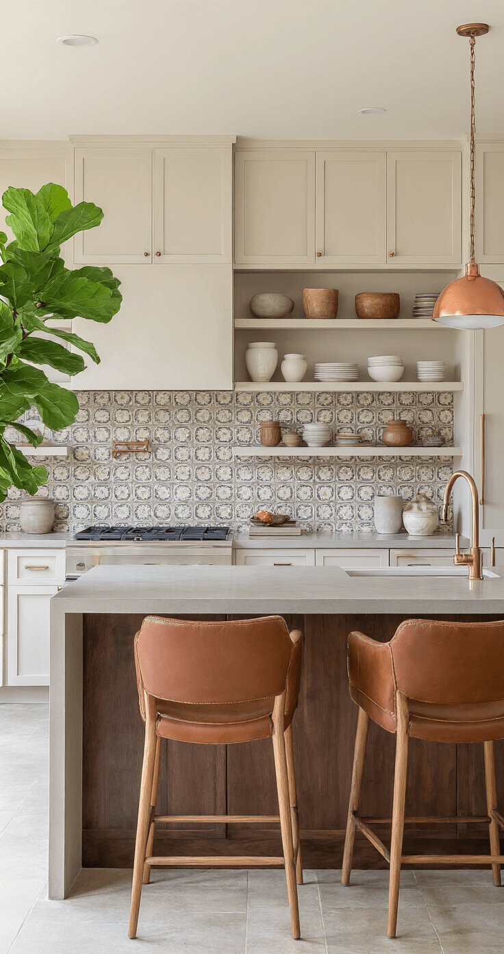 Transforming Your Kitchen: The Ultimate Wooden Cabinets Decor Guide A bright kitchen showcasing a two-tone cabinet design with light maple upper cabinets and deep walnut lower cabinets, a patterned cement tile backsplash, floating wooden shelves with ceramics, leather and wood barstools, a fiddle leaf fig in the corner, and mixed metallic accents in copper and brass, captured from an elevated angle to highlight layered textures and a California casual-modern organic style.