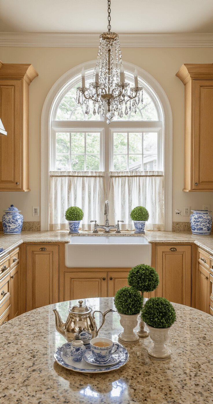 Transforming Your Kitchen: The Ultimate Wooden Cabinets Decor Guide A traditional kitchen featuring raised-panel oak cabinets, granite countertops, and an arched window above a farmhouse sink, adorned with cafe curtains. The space is illuminated by evening light, showcasing a crystal chandelier over a circular breakfast nook, decorated with blue and white chinoiserie, a silver tea service, and topiaries, set against warm cream walls and white trim, emphasizing architectural details in a classic and refined atmosphere.