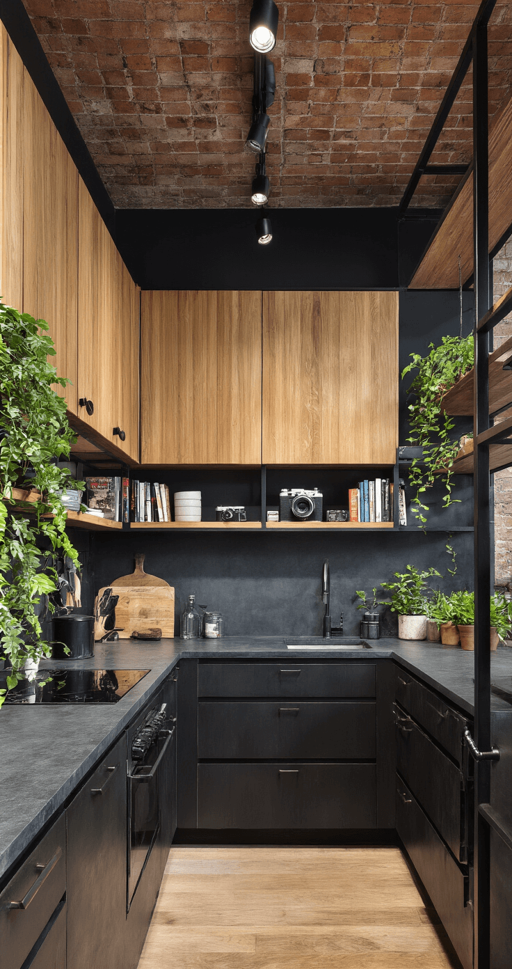 Transforming Your Kitchen: The Ultimate Wooden Cabinets Decor Guide Compact urban kitchen featuring vertical grain teak cabinets, exposed brick ceiling, black steel open shelving, soapstone counters, and a dramatic color scheme with charcoal walls, styled with vintage items and plants, captured from the doorway to highlight its architectural depth.