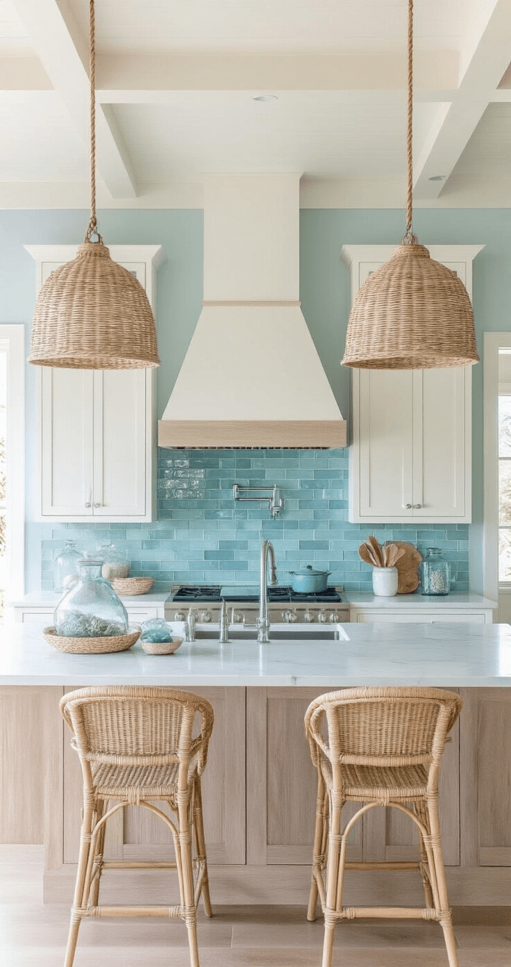 Transforming Your Kitchen: The Ultimate Wooden Cabinets Decor Guide A bright coastal kitchen featuring whitewashed oak cabinets, sea glass tile backsplash, honed marble countertops, rattan pendant lights, and woven bar stools, styled with coral, driftwood, and sea grass, all set against pale blue walls for a serene aesthetic.