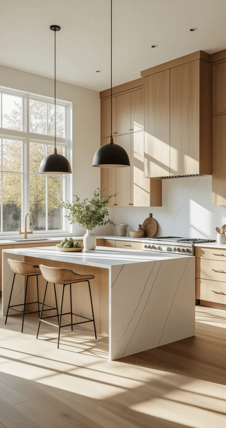 Bright modern kitchen with lofty ceilings, floor-to-ceiling maple cabinets, white quartz countertops, a waterfall-edge island, and matte black pendant lights, illuminated by morning light, showcasing a clean Scandinavian design and warm neutral palette.