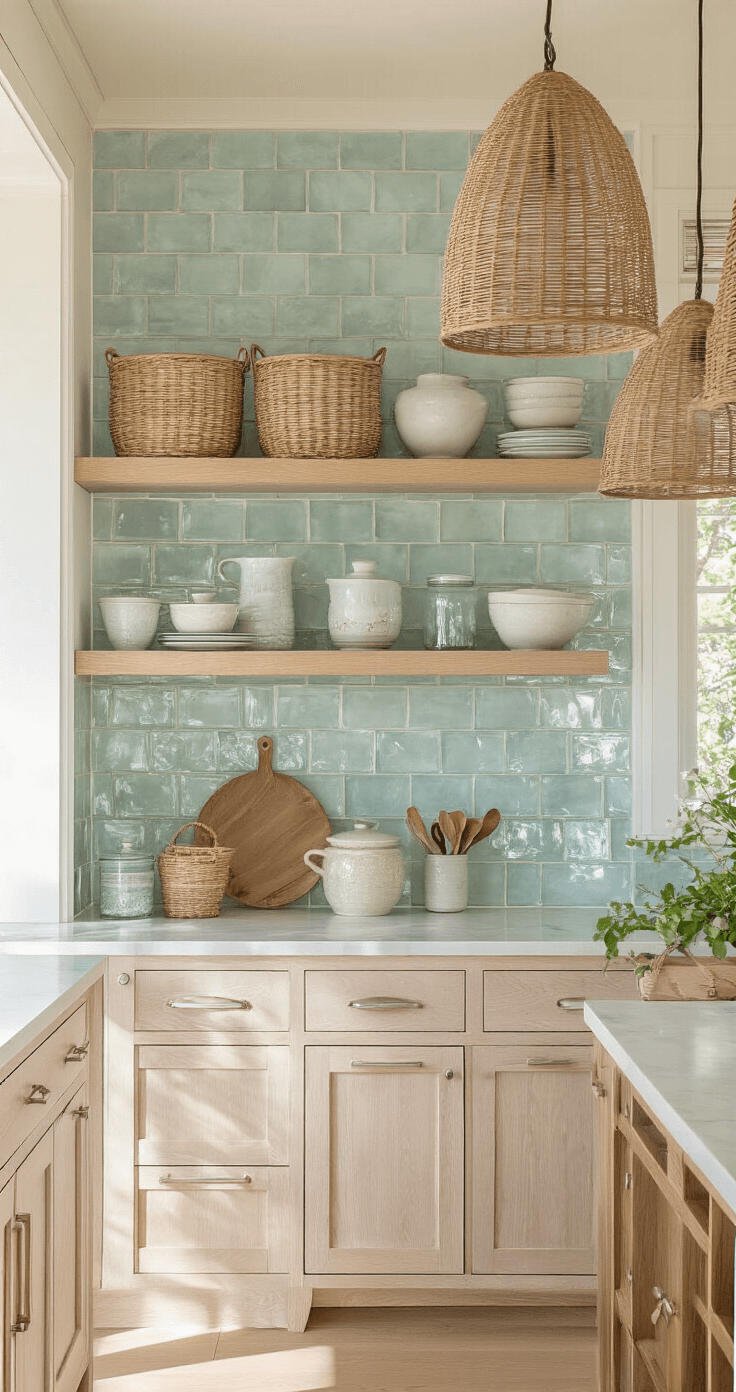 A bright and airy coastal chic kitchen featuring birch cabinets with a whitewash finish, a seafoam glass backsplash, and white oak floating shelves adorned with artisanal ceramics and beach glass. Rattan pendant lights create intricate shadows, complemented by woven baskets, pale linens, and weathered copper accessories. The color palette includes blonde wood, soft whites, sea glass greens, and aged metal, captured with a wide-angle lens to highlight depth and natural light.