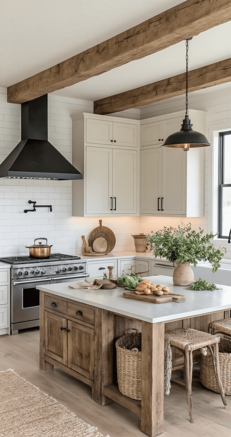 Spacious modern farmhouse kitchen featuring exposed wooden beams, light white oak cabinets with black iron hardware, and vintage-style appliances, illuminated by industrial sconces, with a reclaimed wood center island and accented by antique copper pots, fresh produce, and handwoven textiles.