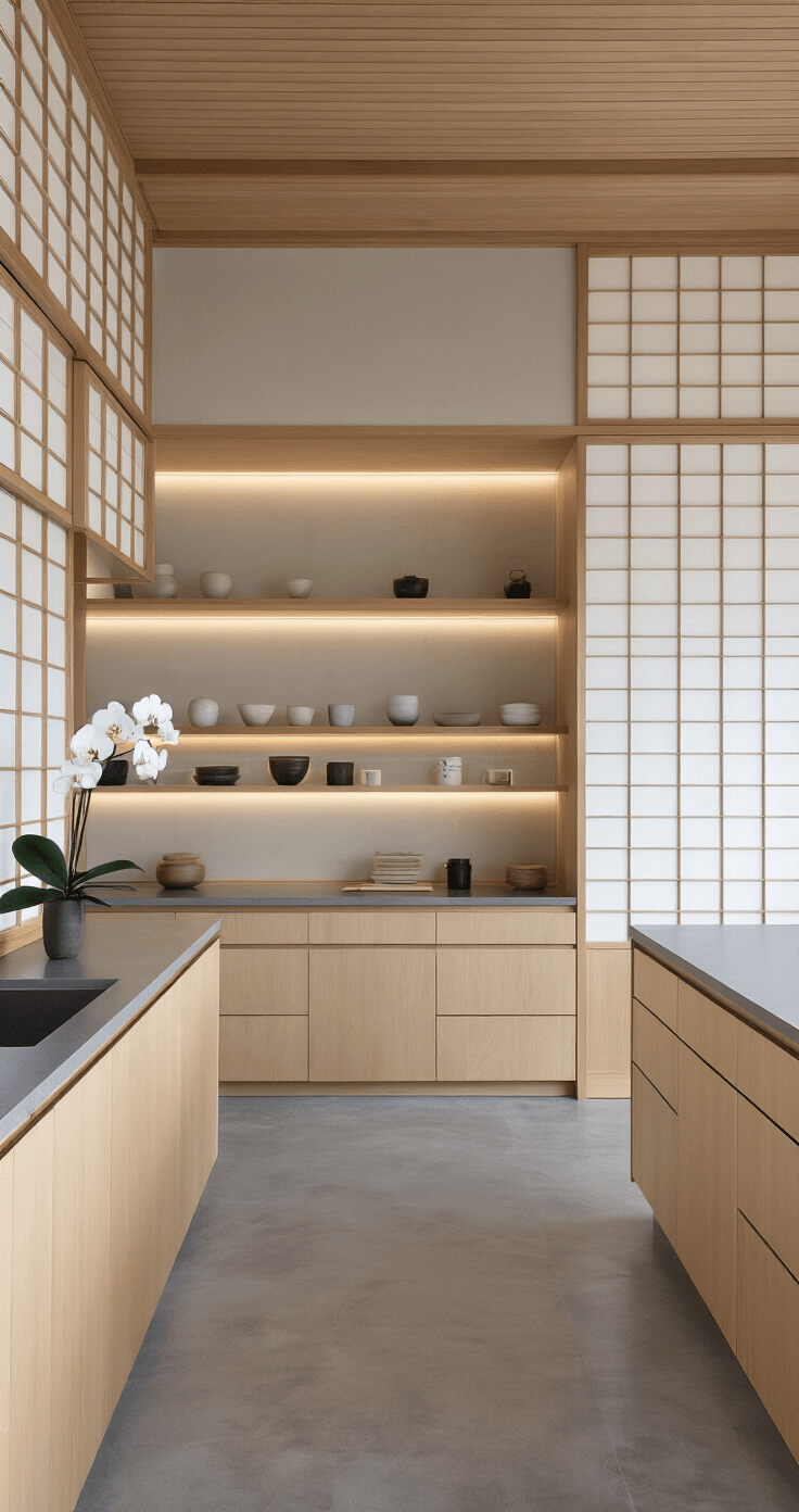 Minimalist Japanese-inspired kitchen in a 10x14ft space with custom maple cabinetry and invisible push-latch hardware, featuring soft dawn light through shoji screens, a floating island over heated concrete floors, and a single orchid among handcrafted ceramics and bamboo accessories in a serene color palette.
