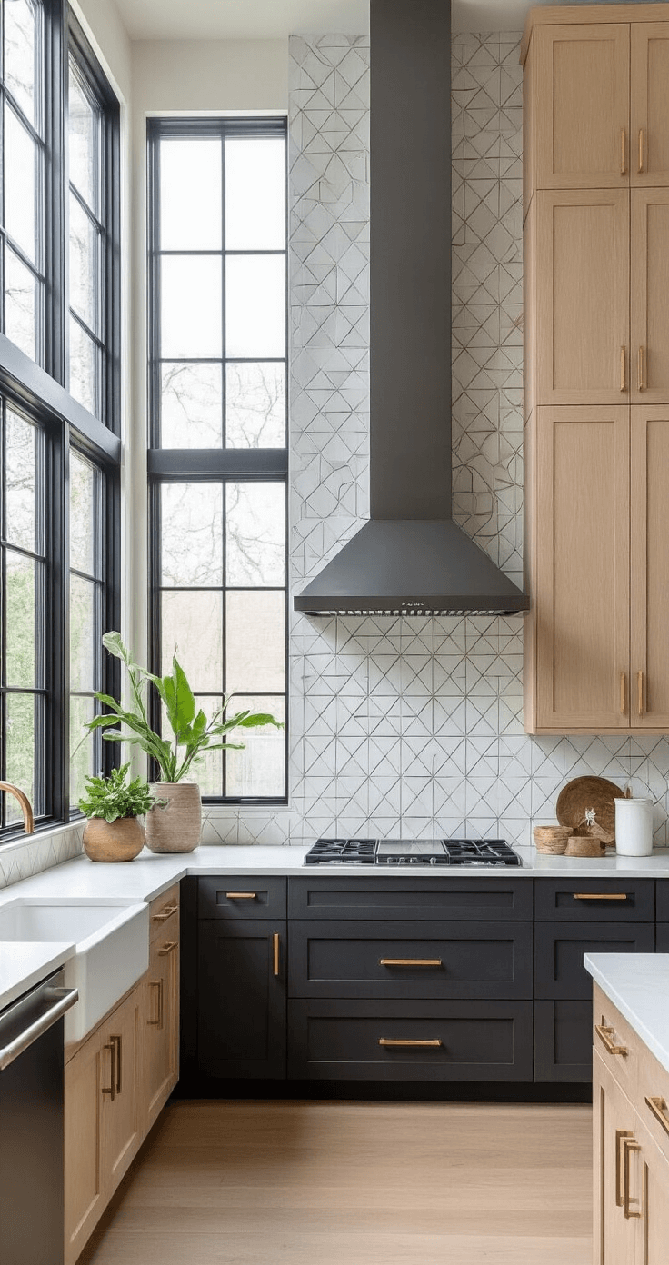 Contemporary mixed-material kitchen featuring a two-tone cabinet design with light oak uppers and charcoal lowers, double-height windows, a sculptural range hood, and a geometric tile backsplash. The image captures the space from a corner perspective, highlighting vertical lines and modernist accessories in a color palette of blonde oak, deep grey, white, and bronze accents. Professional lighting enhances the material contrasts.