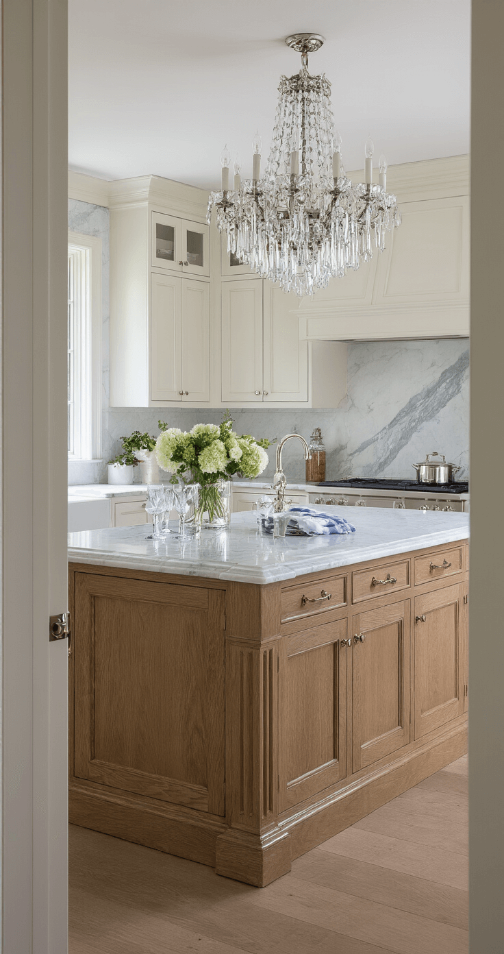 Transitional elegant kitchen with quarter-sawn white oak cabinets, polished nickel hardware, and a marble-topped island, featuring a crystal chandelier and styled with silver serving pieces, fresh flowers, and fine linens in a sophisticated color palette.