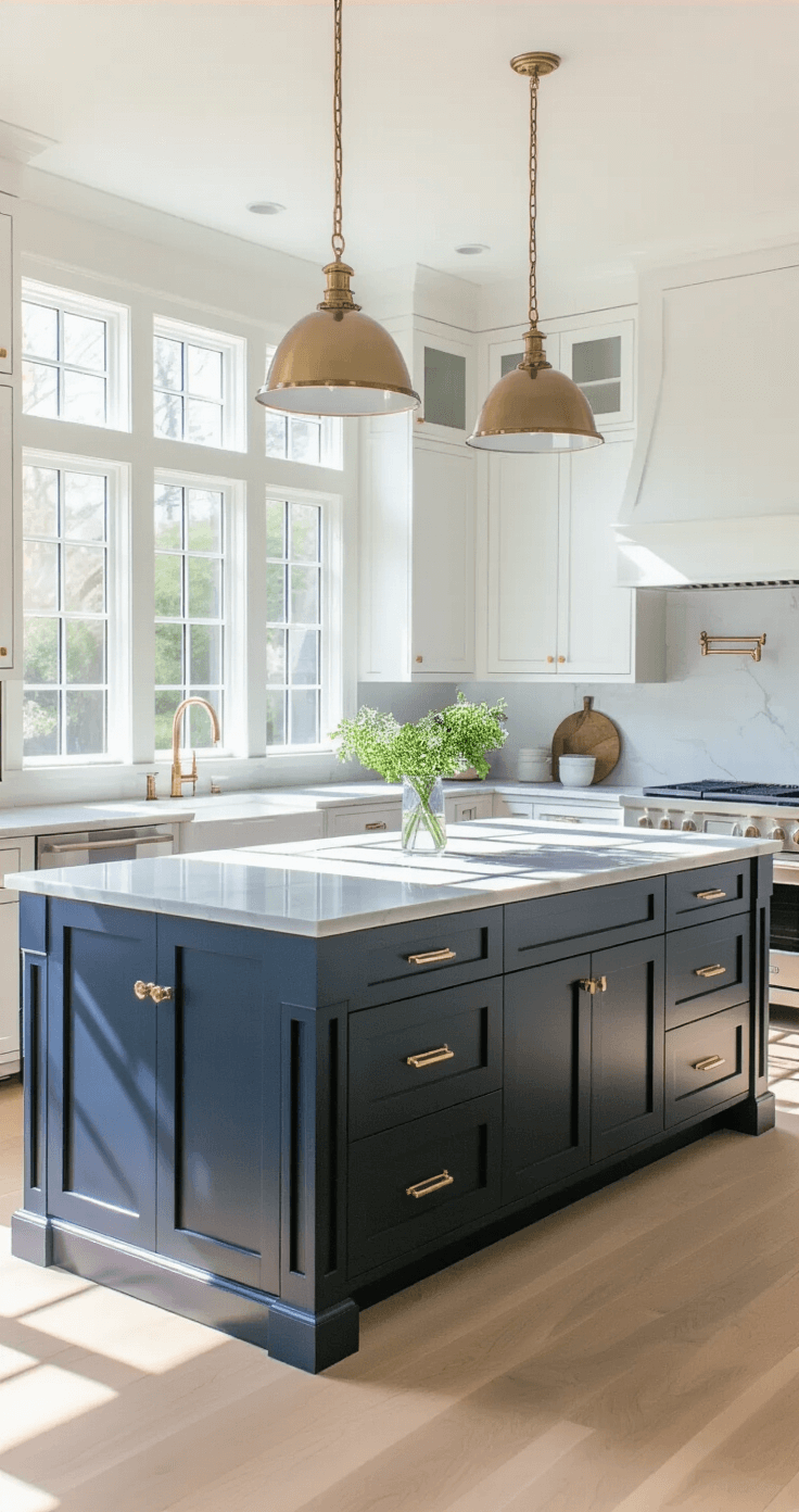 Bright and airy kitchen with white Shaker cabinets, navy blue island, marble countertops, and wide plank white oak flooring, featuring morning sunlight and a focus on cabinet craftsmanship.