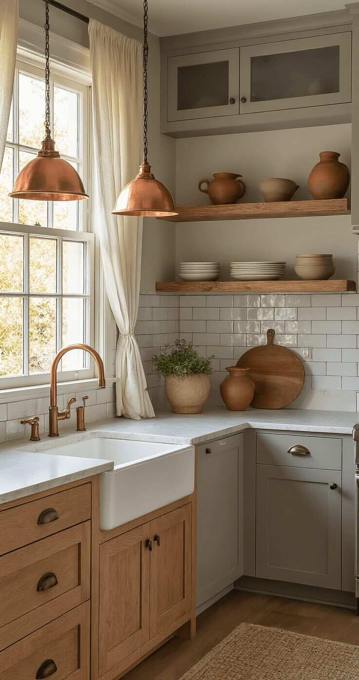 Intimate kitchen corner featuring mixed-material Shaker styling with natural wood lower cabinets and soft gray upper cabinets, illuminated by vintage copper pendant lights. Warm golden hour lighting filters through sheer curtains, highlighting a quartz countertop and artisanal pottery on open shelves. Subway tile backsplash with gray grout completes the cozy, moody atmosphere.
