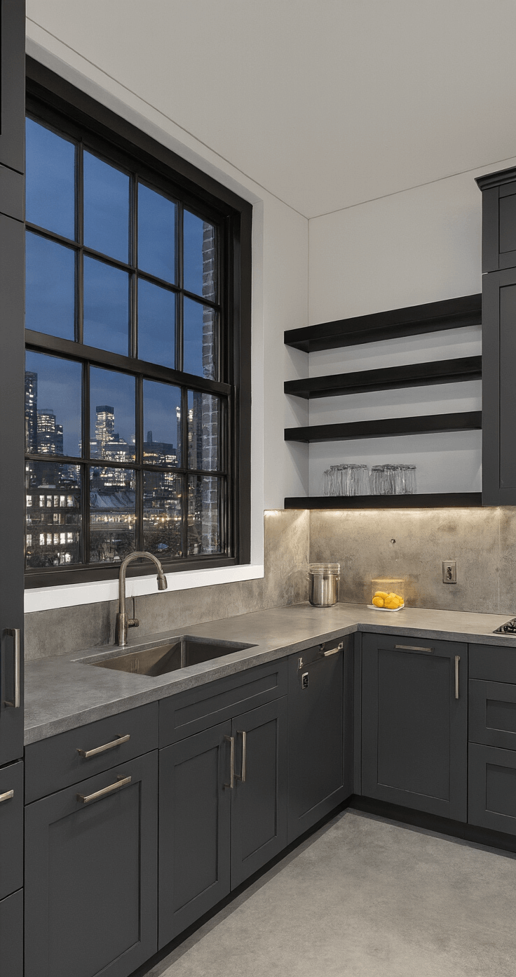 Compact urban kitchen featuring minimalist Shaker design with charcoal gray cabinets, concrete countertops, and metallic backsplash, framed by evening city lights through industrial windows.