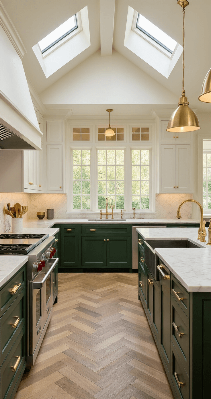 Luxurious chef's kitchen featuring two-tone Shaker cabinetry, cream upper cabinets, deep forest green lower cabinets, brass hardware, Calacatta marble island, herringbone wood floors, and abundant natural light from skylights, creating an elegant atmosphere.