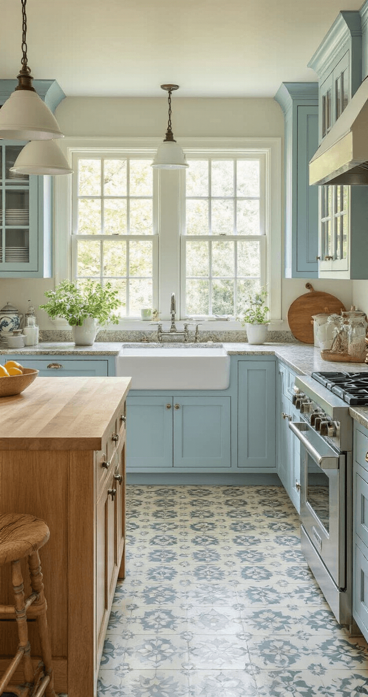 Cozy cottage kitchen featuring pale blue Shaker cabinets with glass-front uppers, a butcher block island, and granite counters, illuminated by early morning light through garden windows, with vintage-style pendant lighting and classic patterned ceramic tile floors.