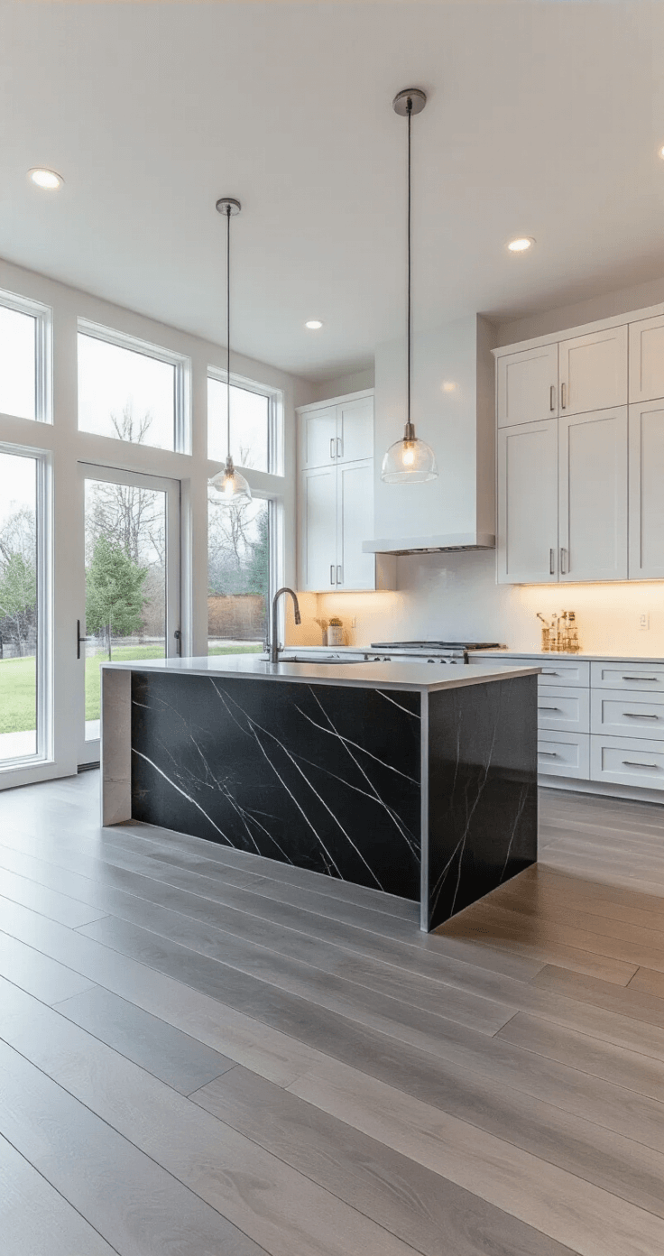 Modern open-concept kitchen featuring minimalist Shaker design with white cabinets, chrome pulls, and a black quartz island, illuminated by dusk light through large windows, showcasing a clean, sophisticated space with dramatic side lighting and gray flooring.