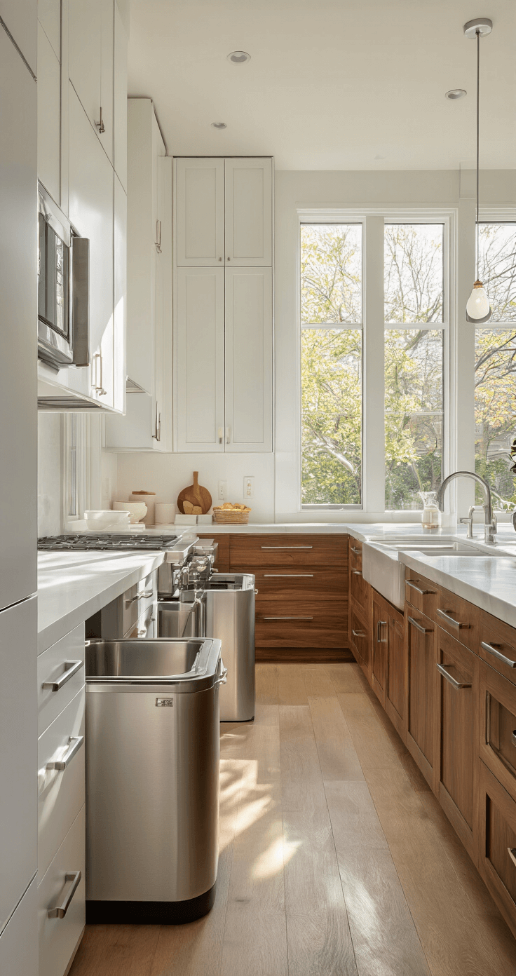 A bright modern kitchen with white and walnut cabinetry, featuring floor-to-ceiling cabinets with brushed stainless steel pull-out waste management systems, illuminated by early morning sunlight through large windows. A prep island with honed marble countertop and integrated dual recycling bins is prominently displayed.