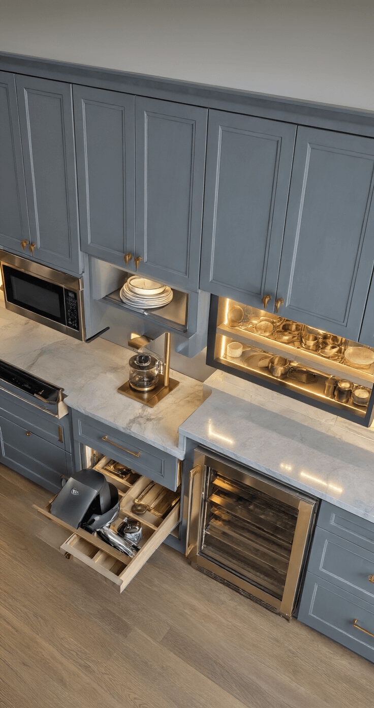 Dramatic overhead shot of a luxurious 15x20ft kitchen at dawn, showcasing grey-blue cabinets with integrated handles, a partially opened motorized tambour door revealing a warm-lit coffee station, quartzite countertops, brushed gold fixtures, and specialty storage with vertical dividers in bleached oak.