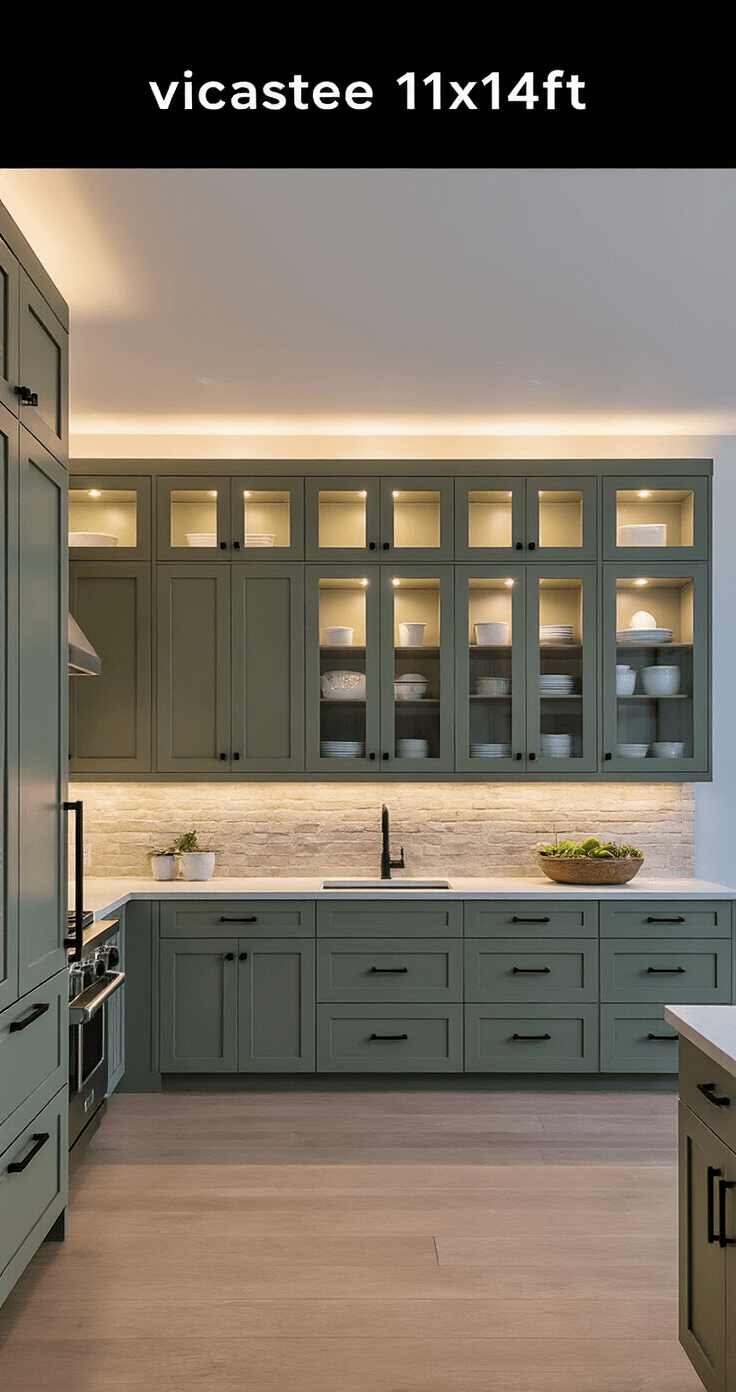 Wide-angle view of a contemporary kitchen featuring sage green Shaker-style cabinets, under-cabinet lighting, matte black hardware, glass-front upper cabinets with organized dishware, and a natural stone backsplash, all set at dusk.