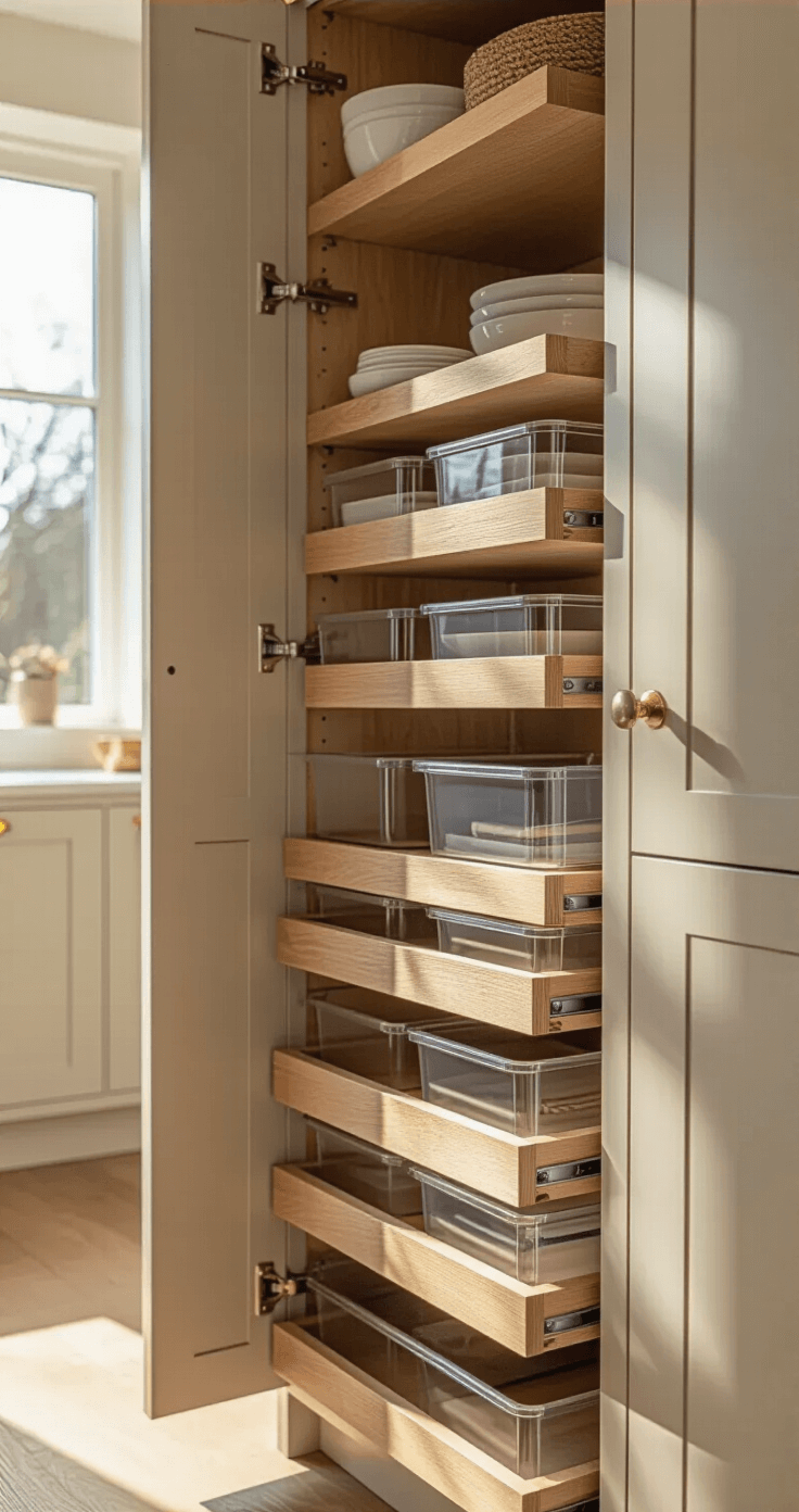 Intimate detail shot of a modernist kitchen's weathered oak pull-out pantry unit, showcasing acrylic organizers in morning light. The image highlights the soft-close mechanisms and adjustable shelving systems, emphasizing the contrast between smooth cabinet faces and textured interior fittings.