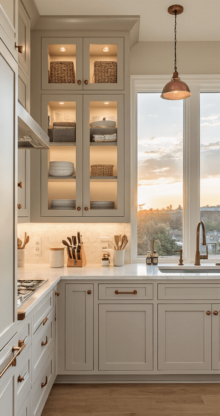 A compact 9x11ft kitchen at sunset showcasing warm greige partial overlay cabinets with smart storage solutions, under-cabinet lighting highlighting knife blocks and utensil dividers, ergonomic prep space, and weathered copper hardware.